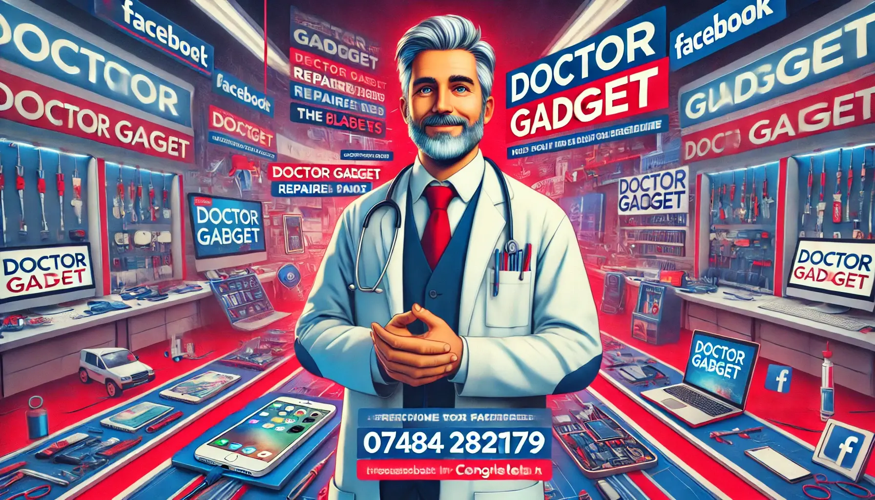 DALL·E 2024-06-29 16.04.26 - Create a promotional advert for Doctor Gadget, targeting people who use Facebook and live in the Congleton area. Incorporate the 3D avatar of the ma